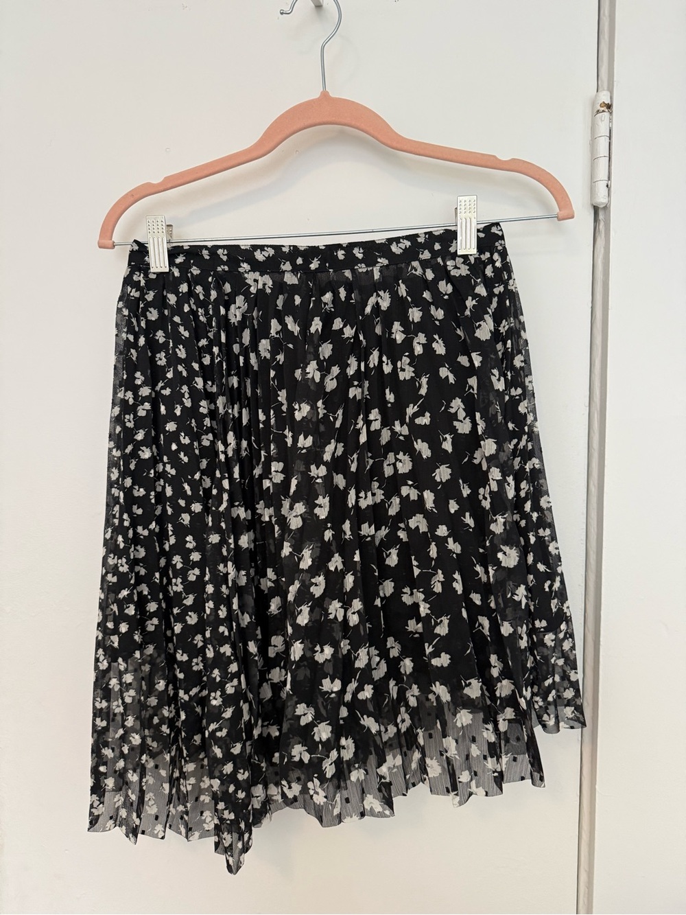 All Saints Black and White Floral Pleated Mini Skirt